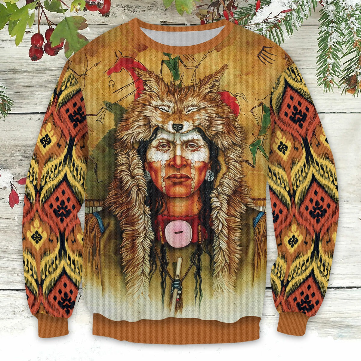 Native American Tribal Chief With Wolf Hat Ugly Sweatshirt