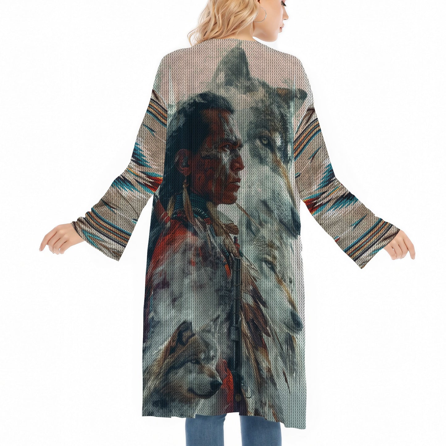 Native American Indian Chief With Wolf Spirit Ugly Cardigan