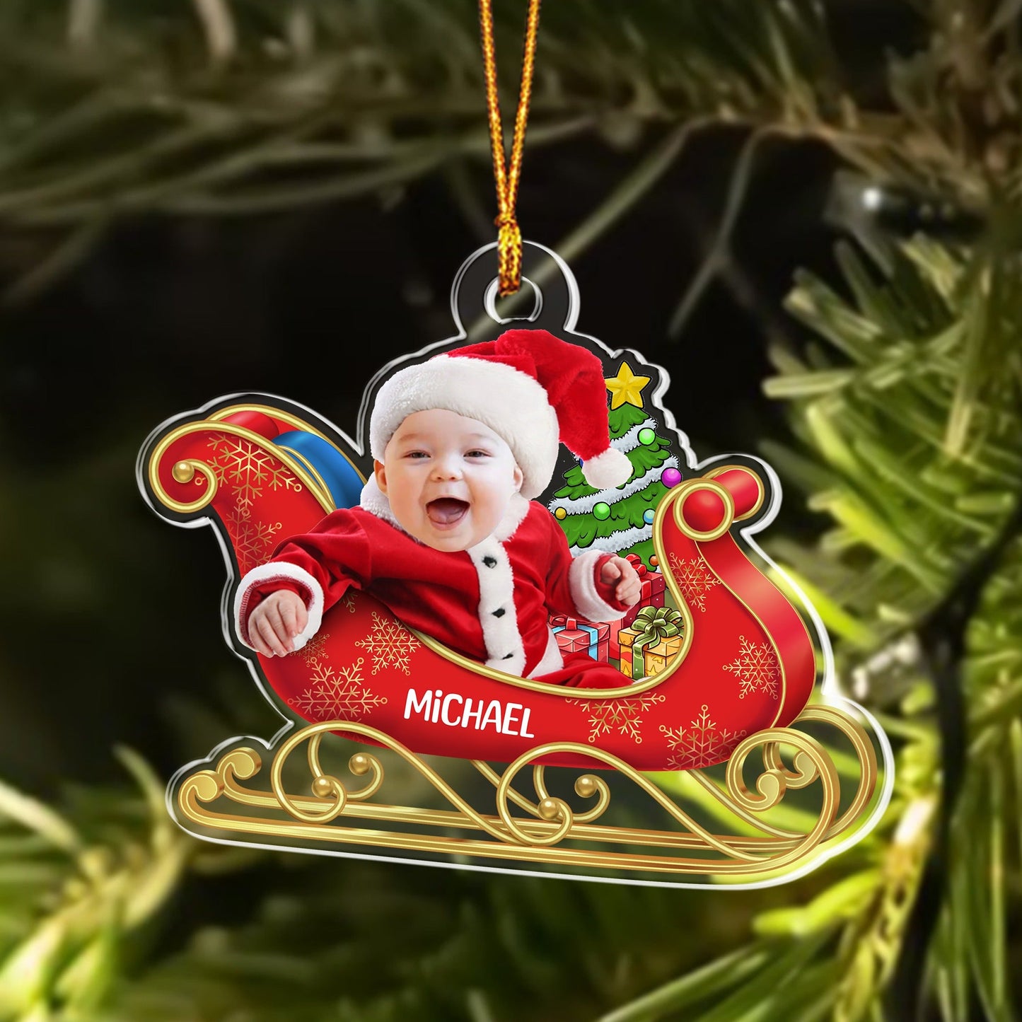 Personalized Baby Face Photo Red Wagon Christmas Acrylic Ornament