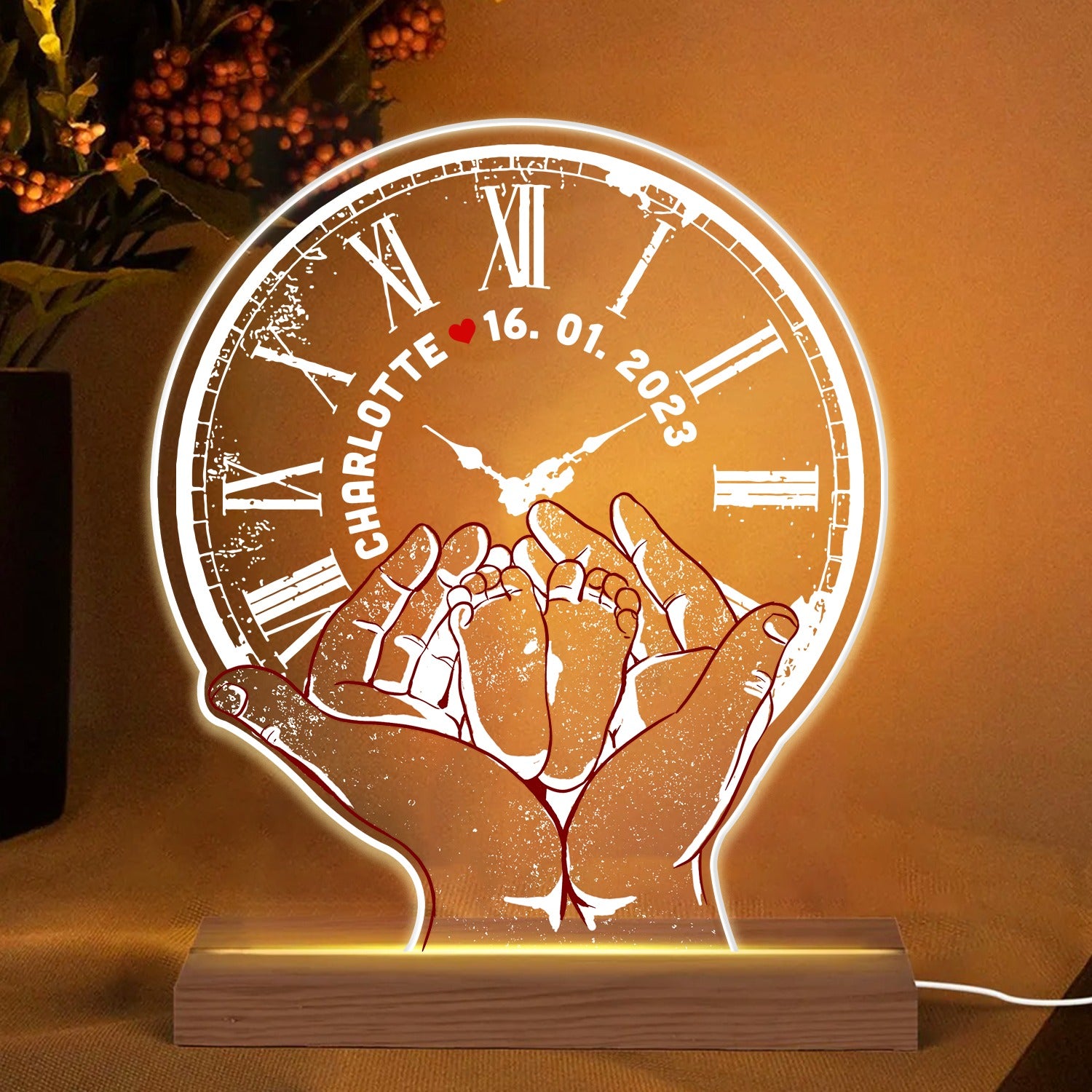 Personalized Baby Foot Clock Acrylic LED Light Night