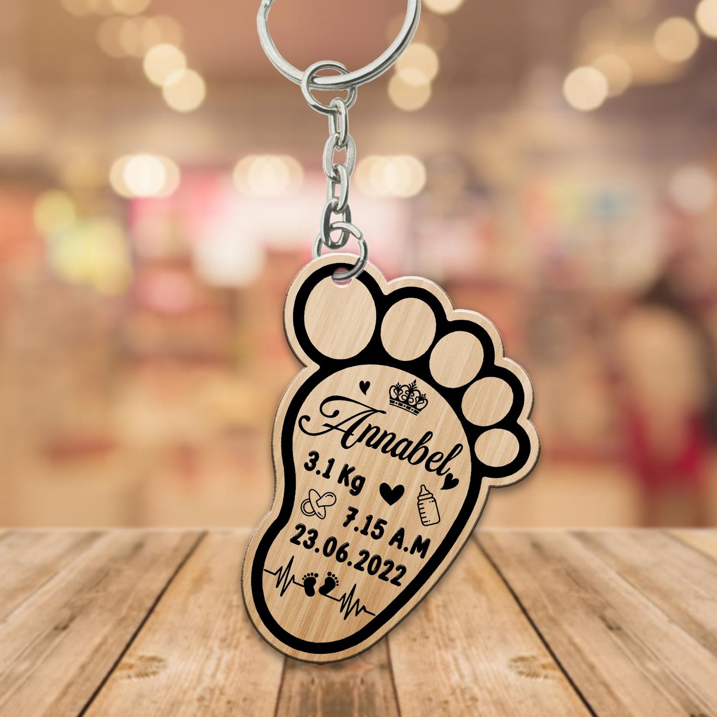 Personalized New Baby Foot Wooden Keychain