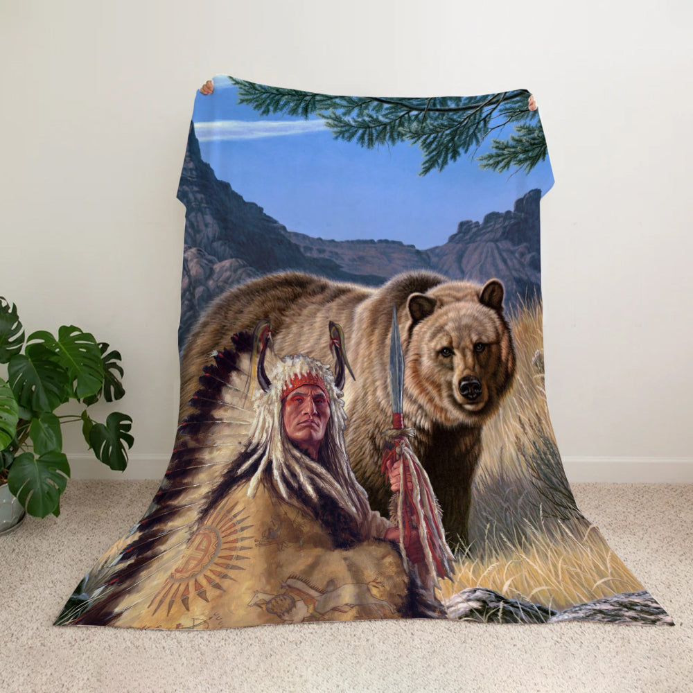 Native American And Bear Blanket