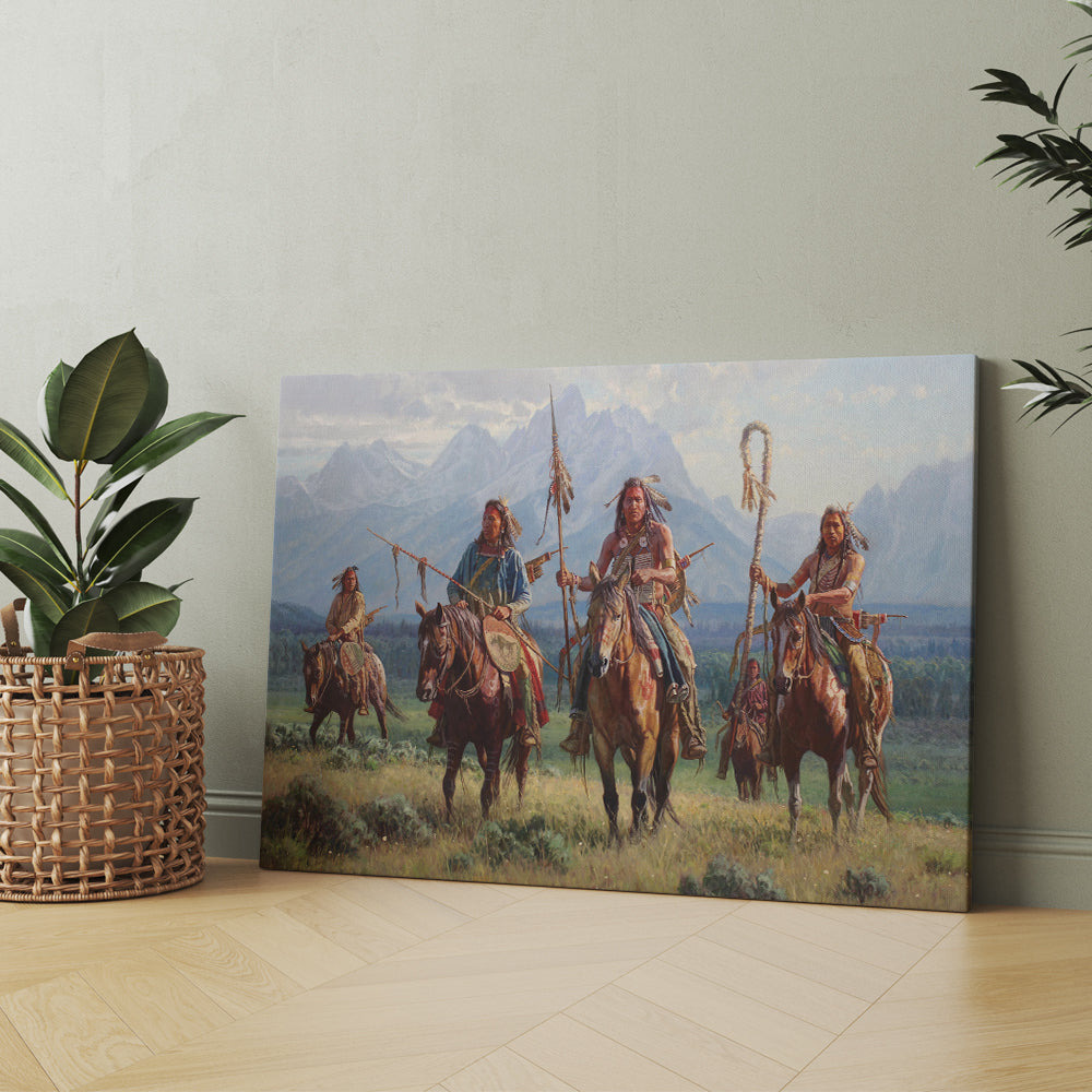Native American Indian Warriors Riding On Horses Painting Canvas Prints And Poster