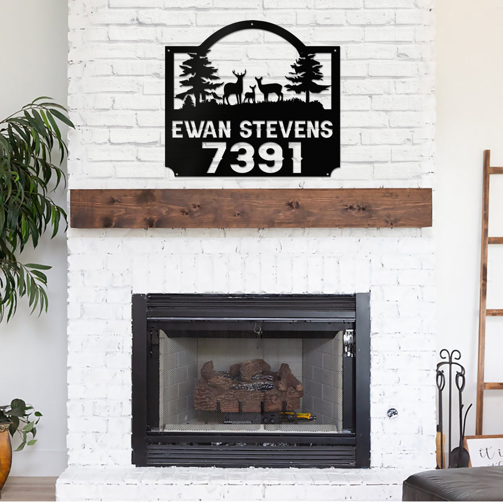 Personalized Address Name With Deer Family Cut Metal Sign