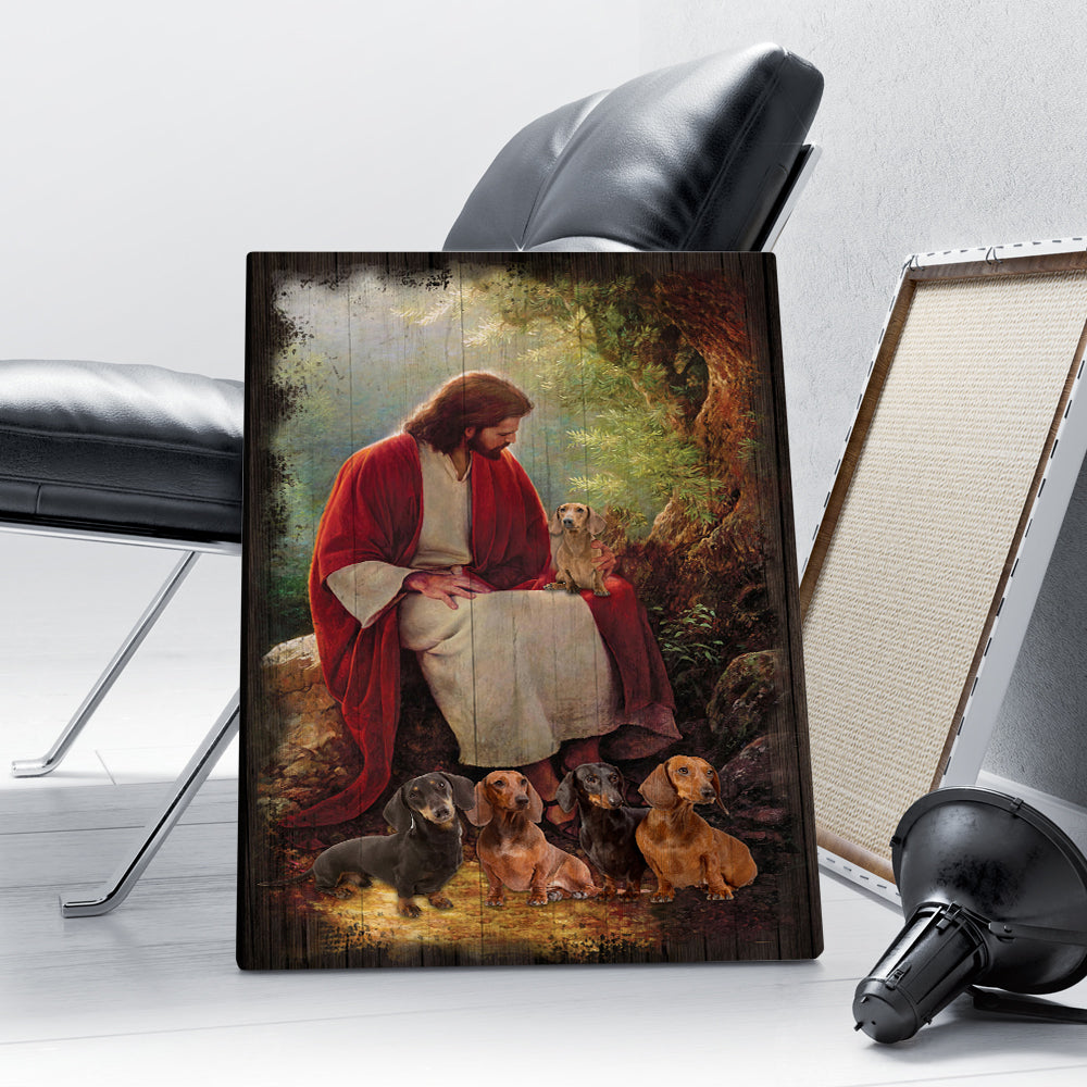 Jesus Christ And Dachshund Dog Around Canvas Prints