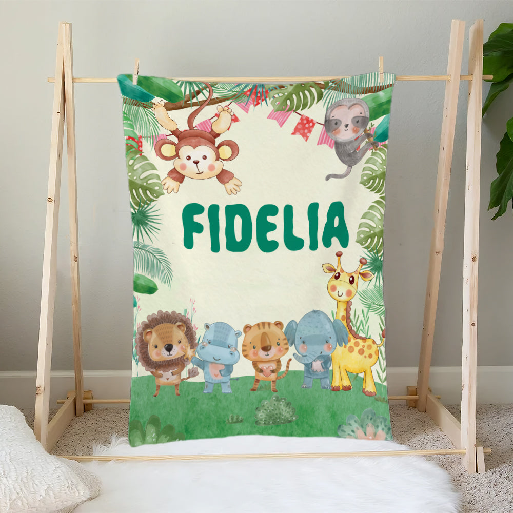 Personalized Name Safari Jungle Animals Blanket Gift For Baby Kids