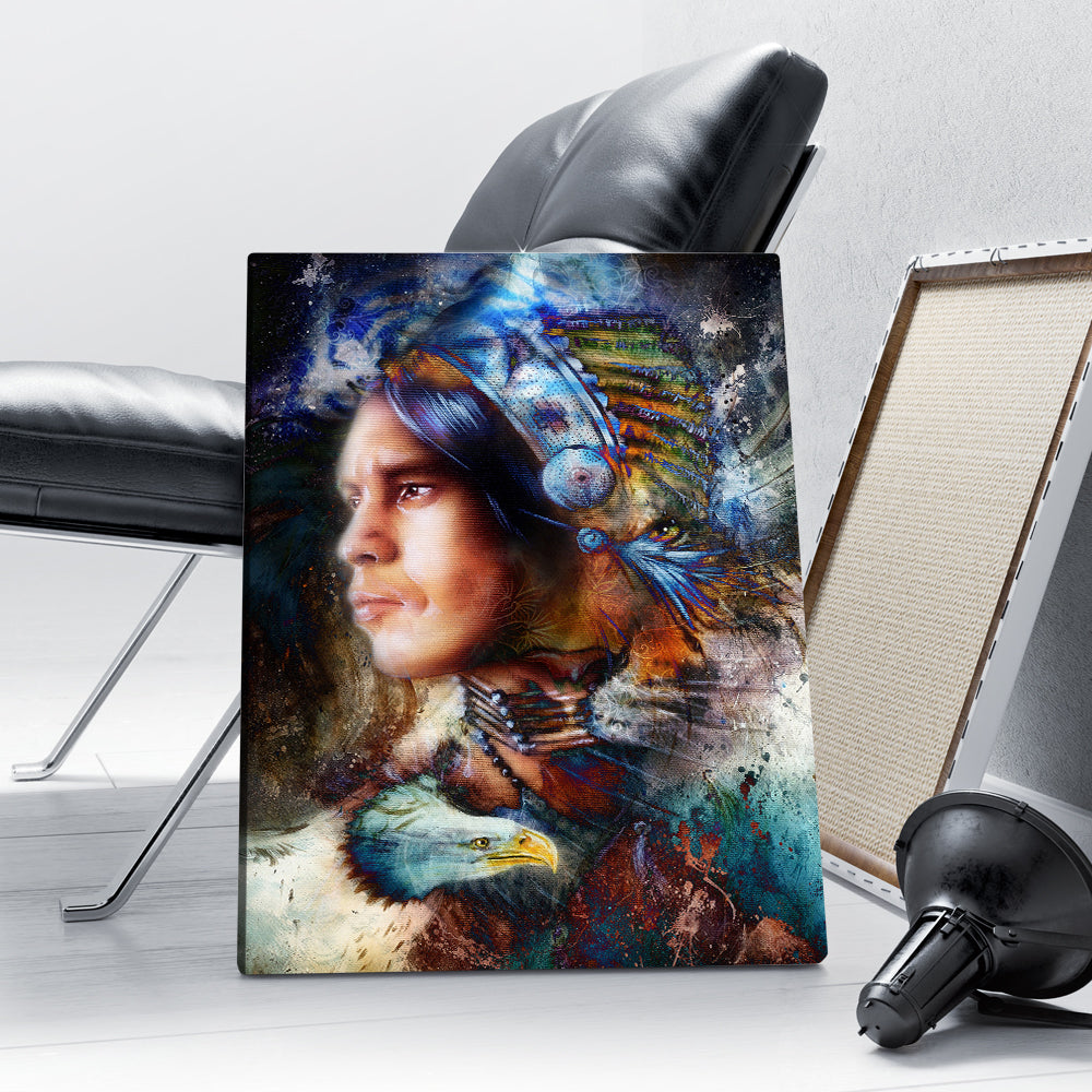 Native American Indian Warrior Wearing A Gorgeous Feather Headdress And Eagle With Tiger Profile Portrait Canvas Prints And Poster