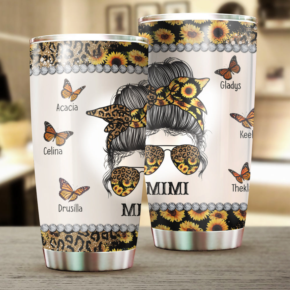 Personalized Mimi Leopard And Sunflower Messy Bun Mother Day Tumbler