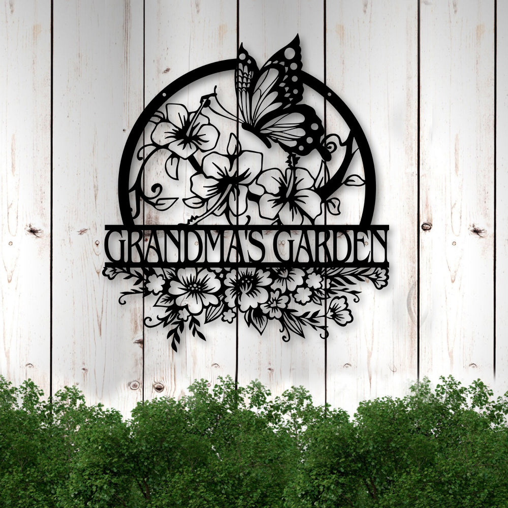 Personalized Grandma's Garden Floral Buterfly Cut Metal Sign