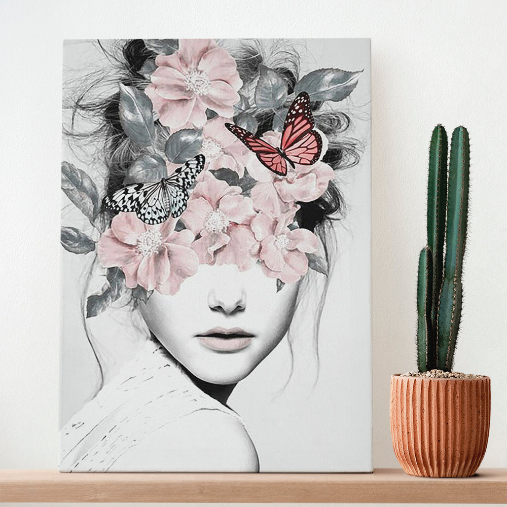 Nordic Flowers And Butterflies Head Woman Painting Canvas Prints And Poster