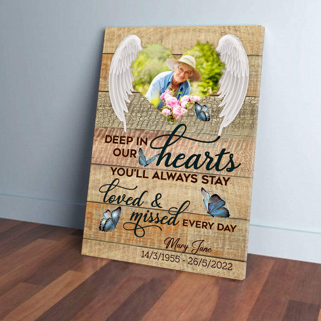 Personalized Photo Memorial Deep In Our Heart For Lost Loved Ones Canvas Prints And Poster