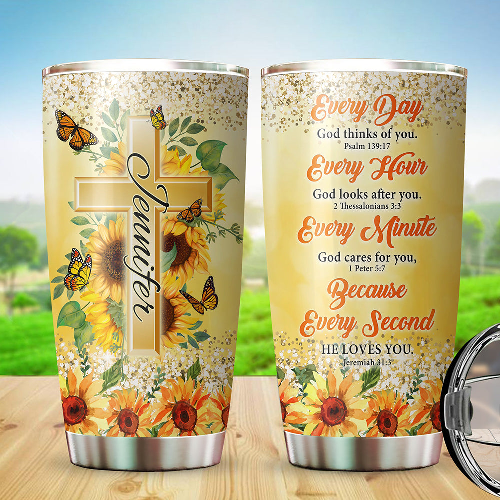 Personalized Sunflower Cross And Butterfly Everyday God Thinks Of You Every Hour God Look After You Tumbler