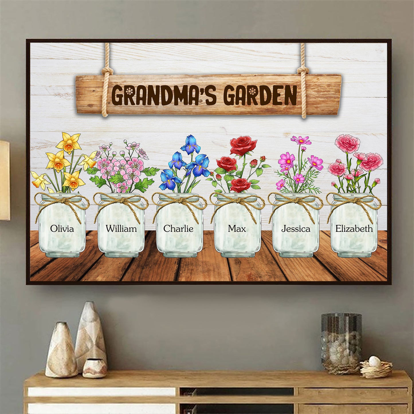 Personalized Grandma's Garden Custom Birth Month Flower Family Vase Poster Canvas