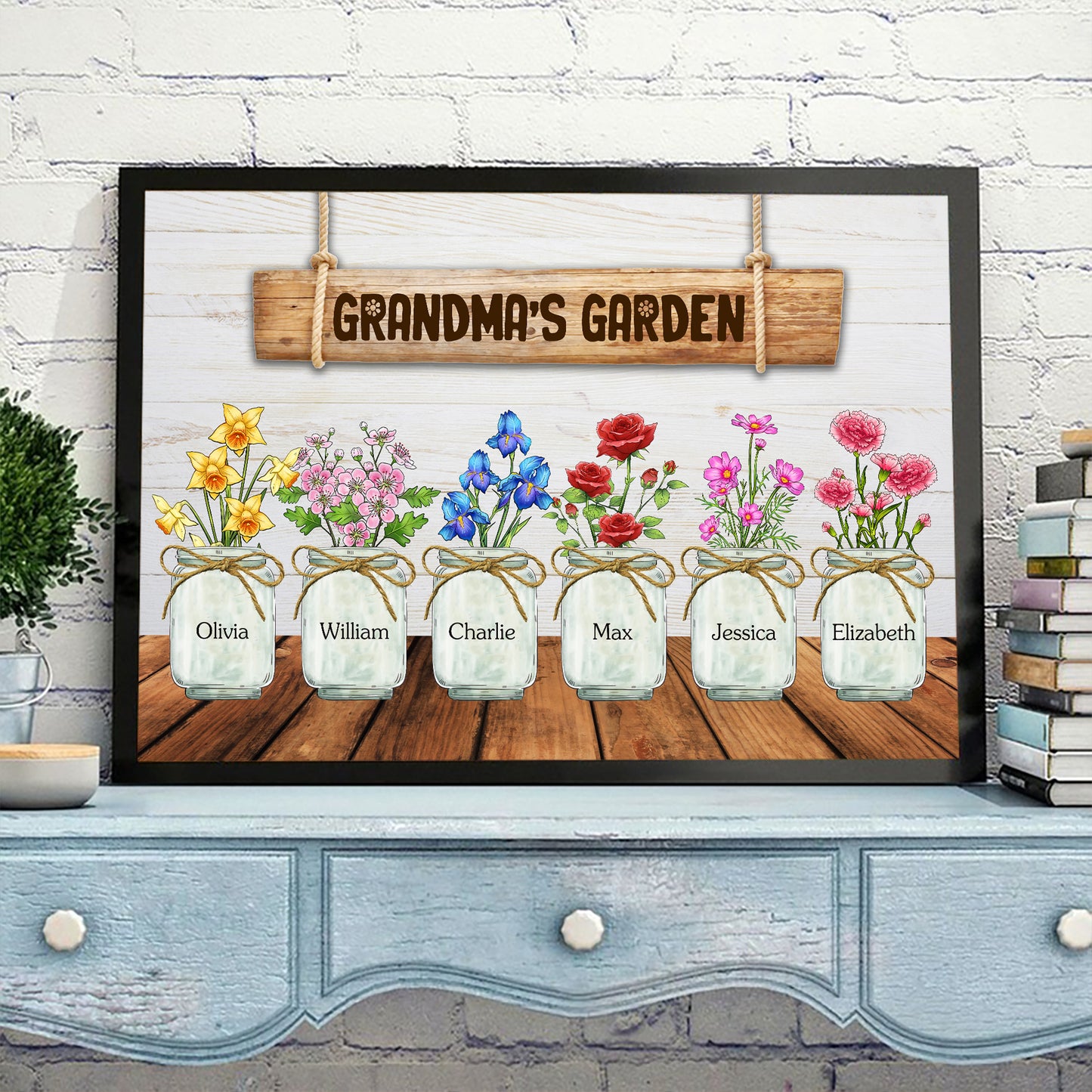 Personalized Grandma's Garden Custom Birth Month Flower Family Vase Poster Canvas