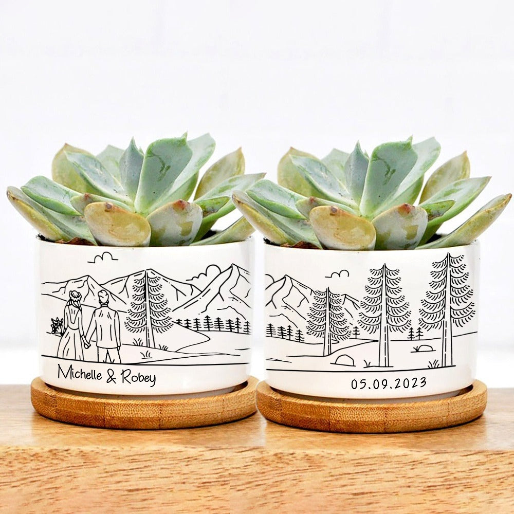 Personalized Bride And Groom Mountain Wedding Enamel Camp Plant Pot