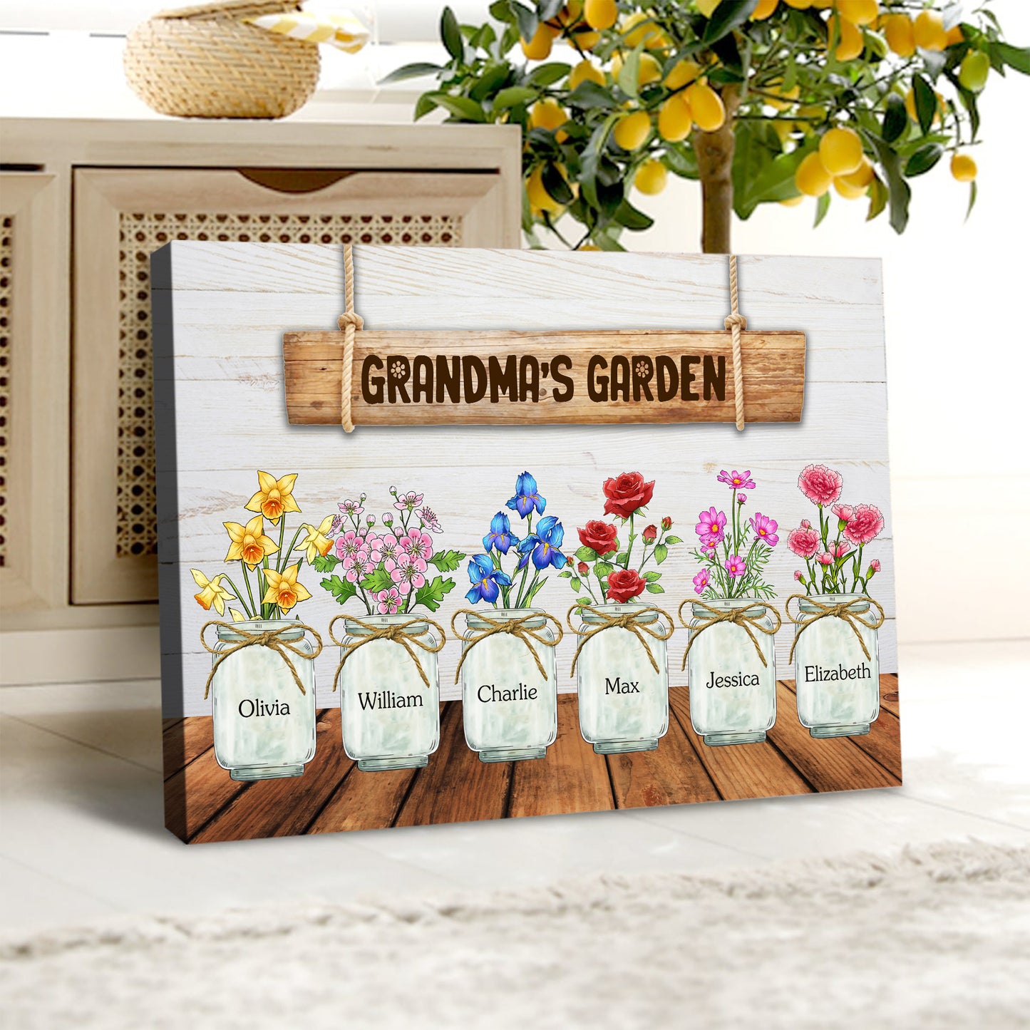 Personalized Grandma's Garden Custom Birth Month Flower Family Vase Poster Canvas