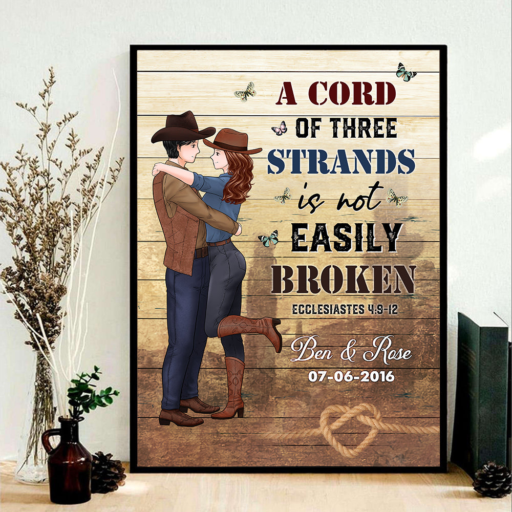 Personalized Couple Cowboy A Cord of Three Strands Is Not Easily Broken Ecclesiastes 4:9-12 Poster Canvas