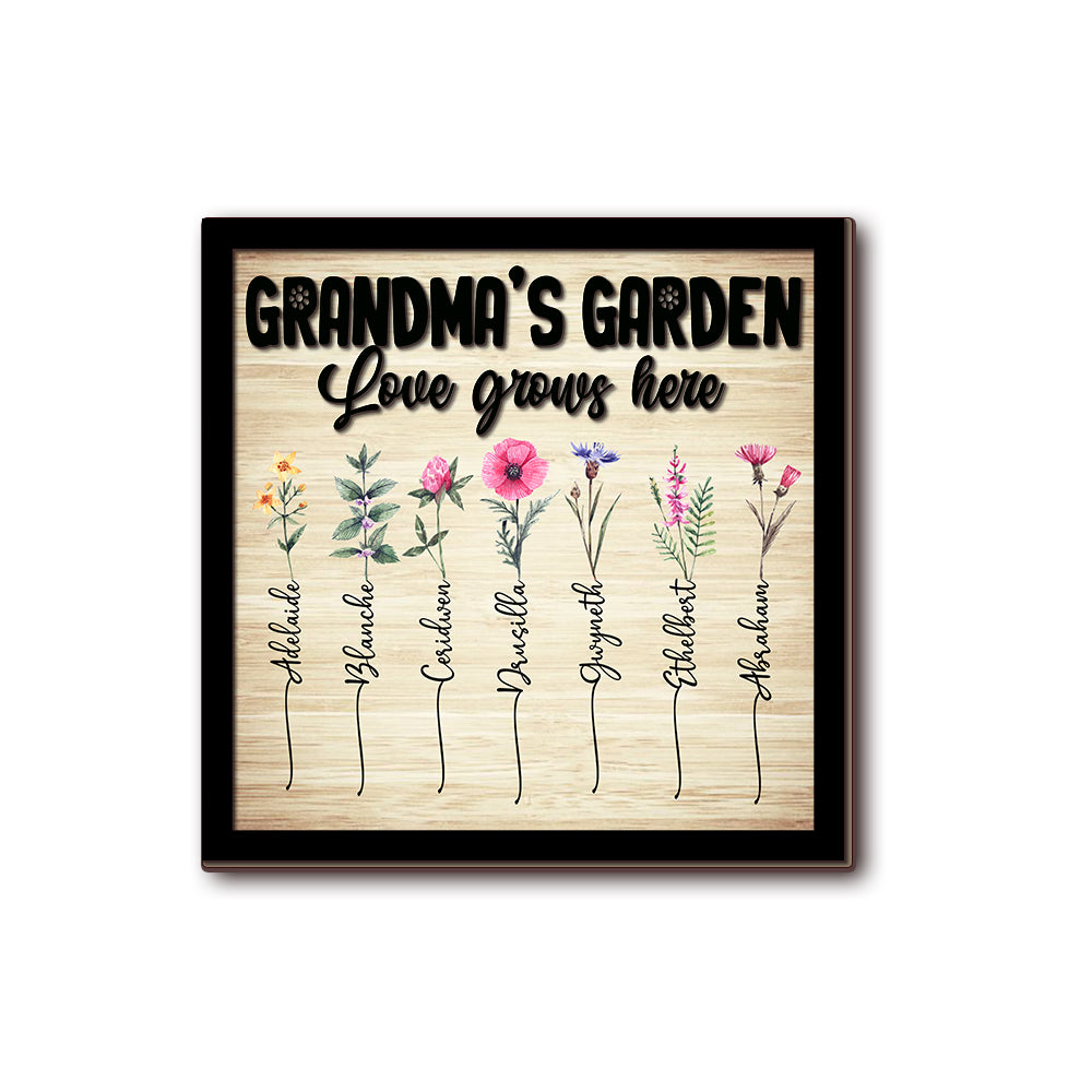 Personalized Grandma's Garden, Custom Birth Month Flower Family Love Grows Here 2 Layers Wooden Plaque