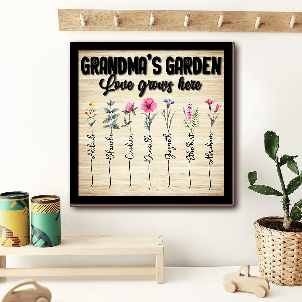 Personalized Grandma's Garden, Custom Birth Month Flower Family Love Grows Here 2 Layers Wooden Plaque