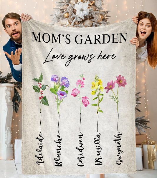 Personalized Mom's Garden Custom Birth Month Flower Family Love Grows Here Fleece Blanket