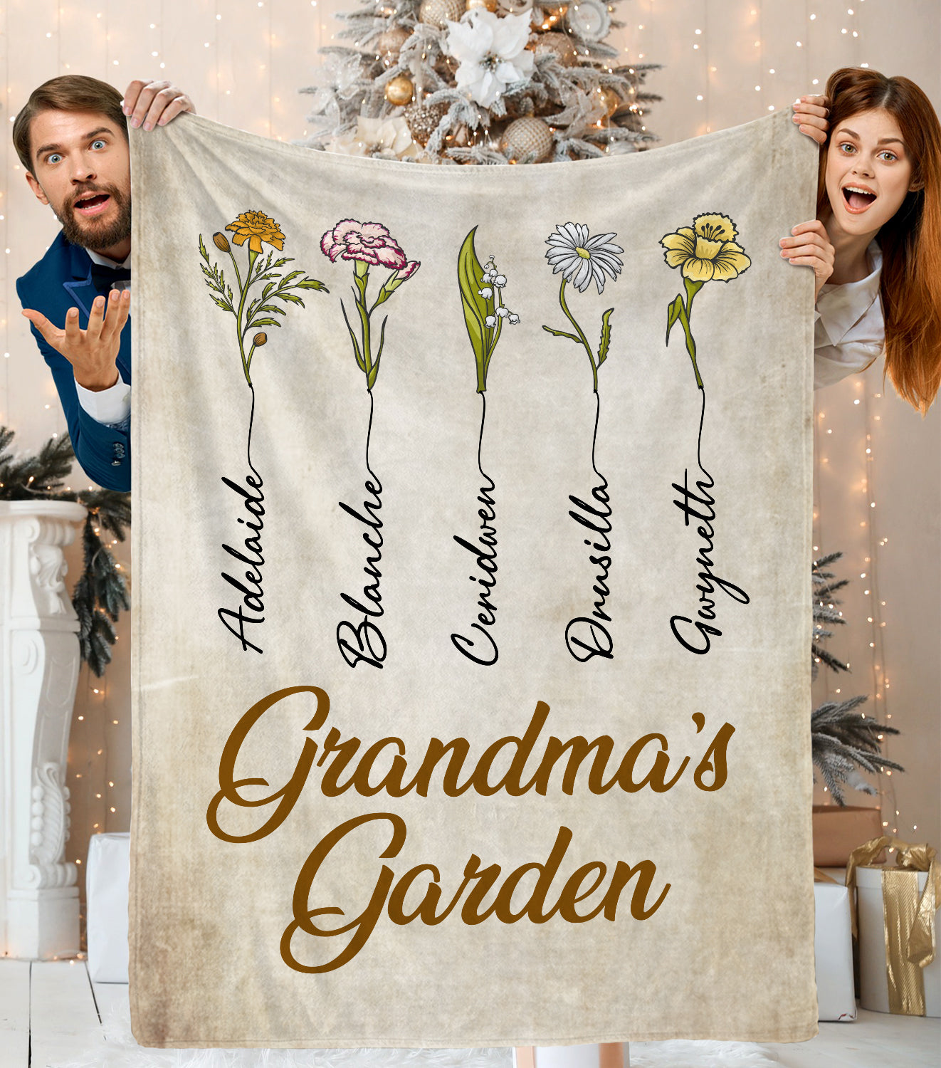 Personalized Grandma's Garden Custom Birth Month Flower Family Fleece Blanket