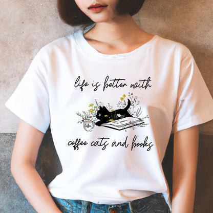 Life Is Better With Coffee Cats And Books Cat T-Shirt