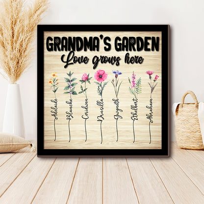 Personalized Grandma's Garden, Custom Birth Month Flower Family Love Grows Here 2 Layers Wooden Plaque