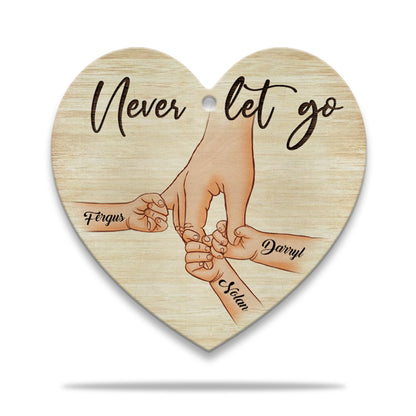 Personalized A Father Holds His Kid's Hand Never Let Go Heart Wooden Keychain