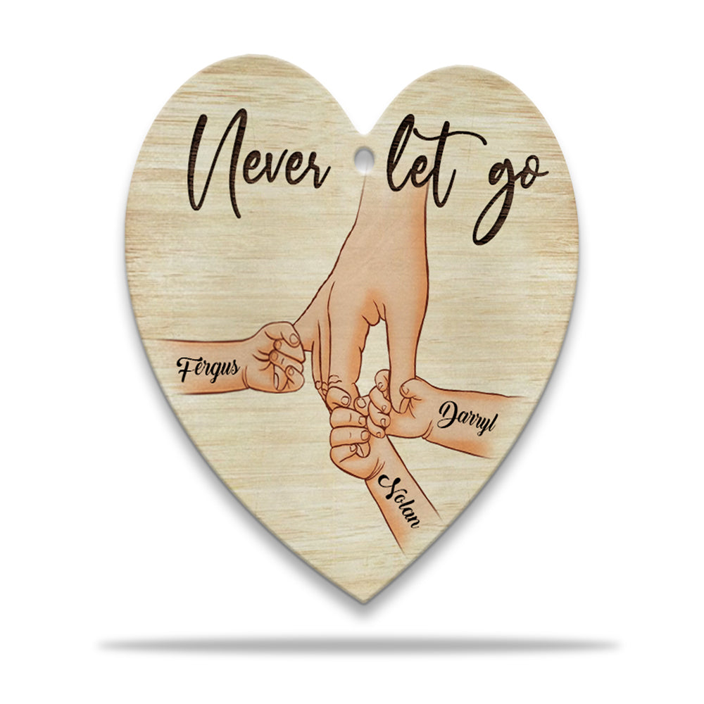 Personalized A Father Holds His Kid's Hand Never Let Go Heart Wooden Keychain