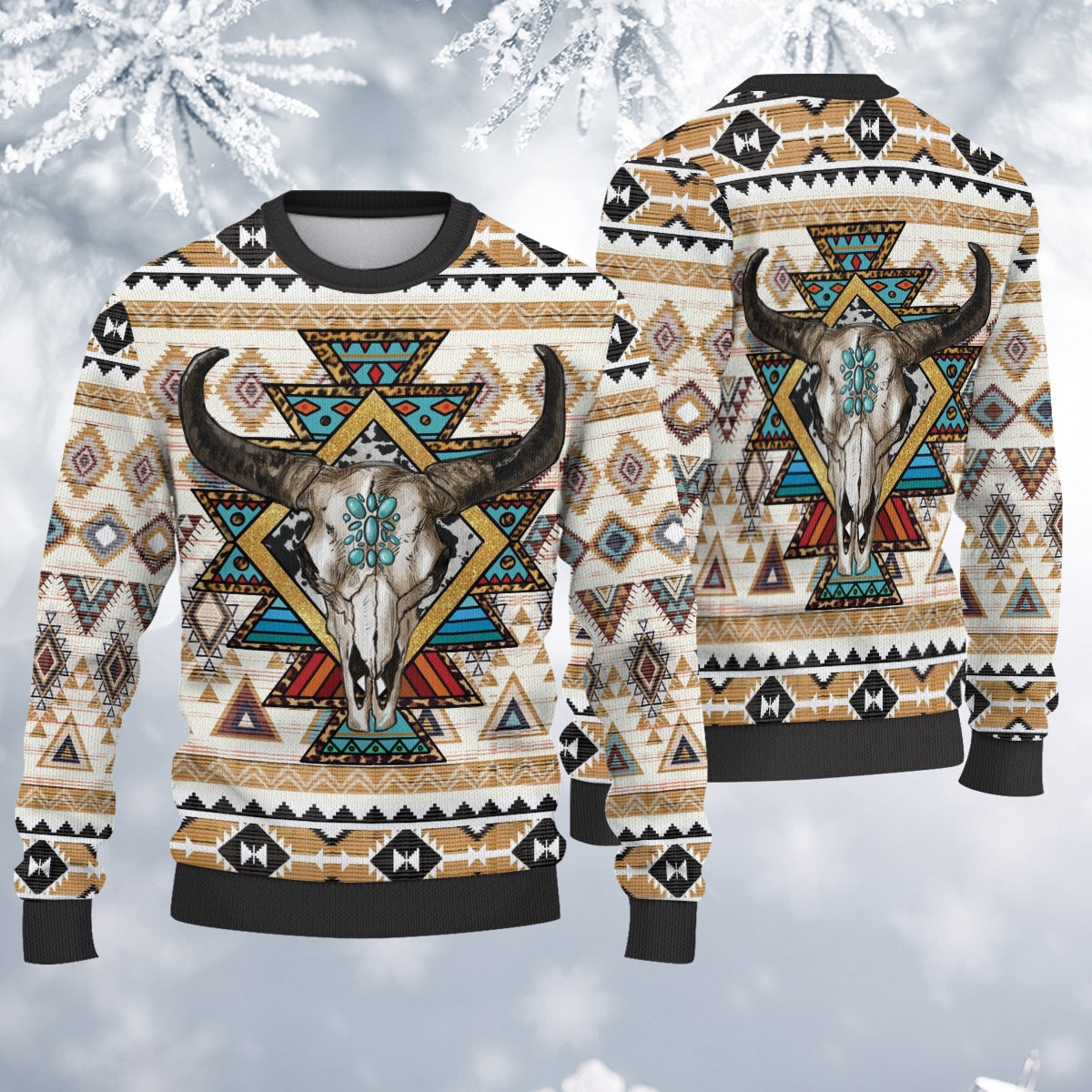 Native American Western Aztec Bull Skull Ugly Sweatshirt