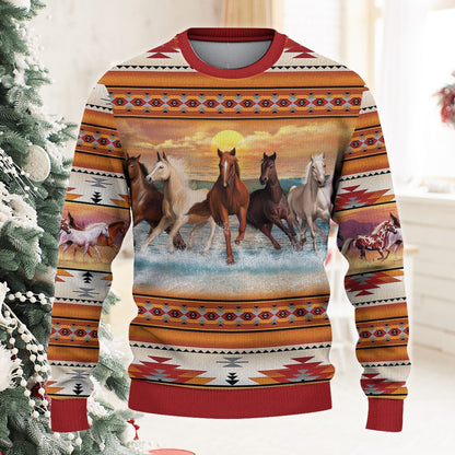 Native American Galloping Horses Christmas Gif Ugly Sweatshirt