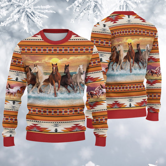 Native American Galloping Horses Christmas Gif Ugly Sweatshirt