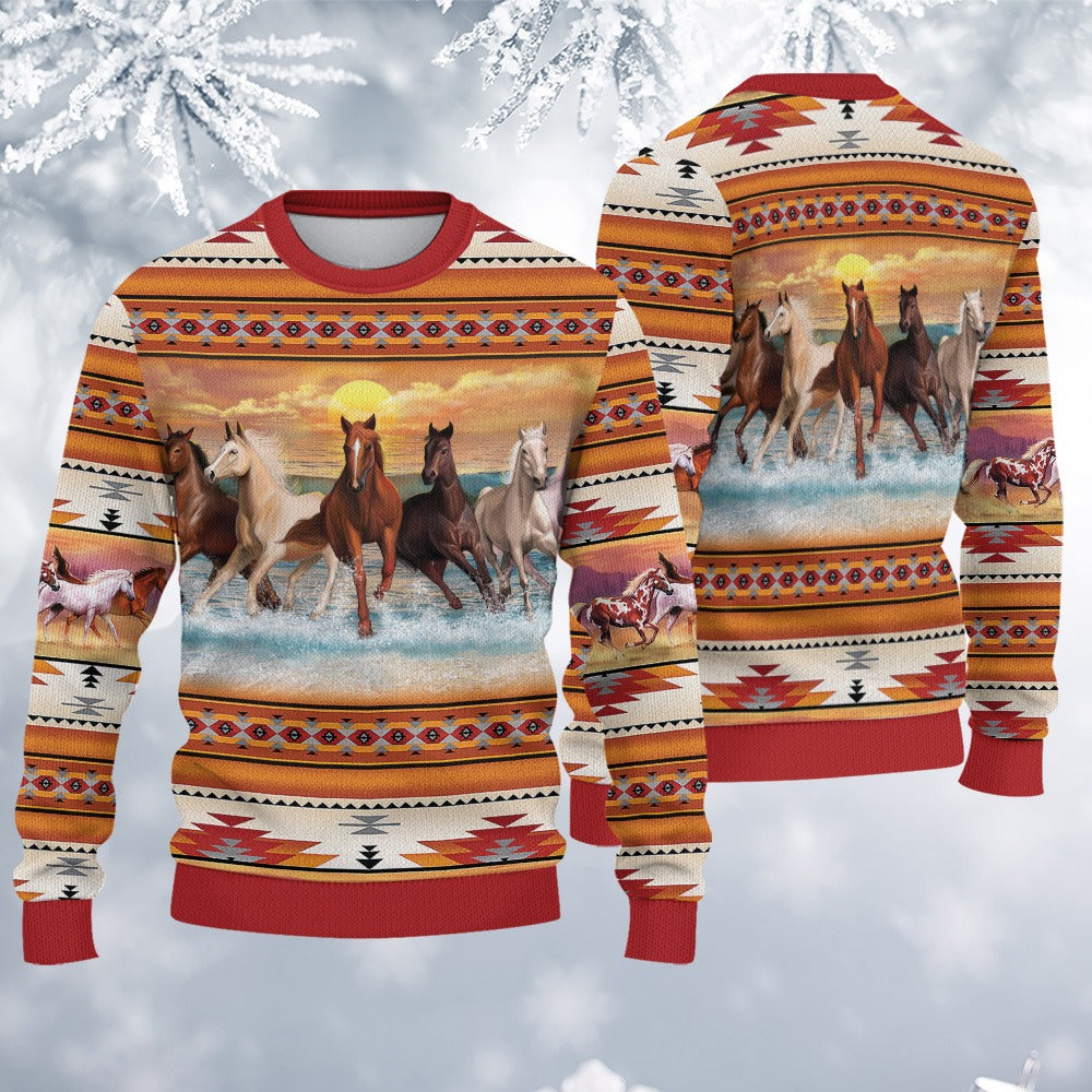 Native American Galloping Horses Christmas Gif Ugly Sweatshirt