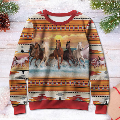 Native American Galloping Horses Christmas Gif Ugly Sweatshirt