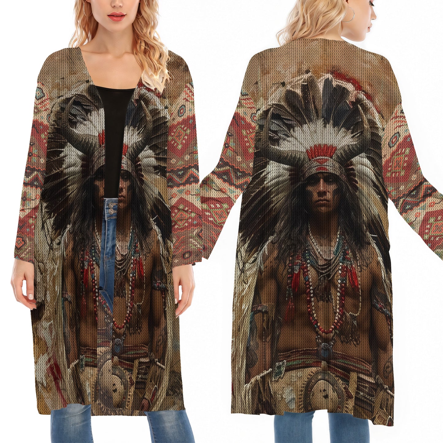 Native American Indian Chief Buffalo Headdress Ugly Cardigan