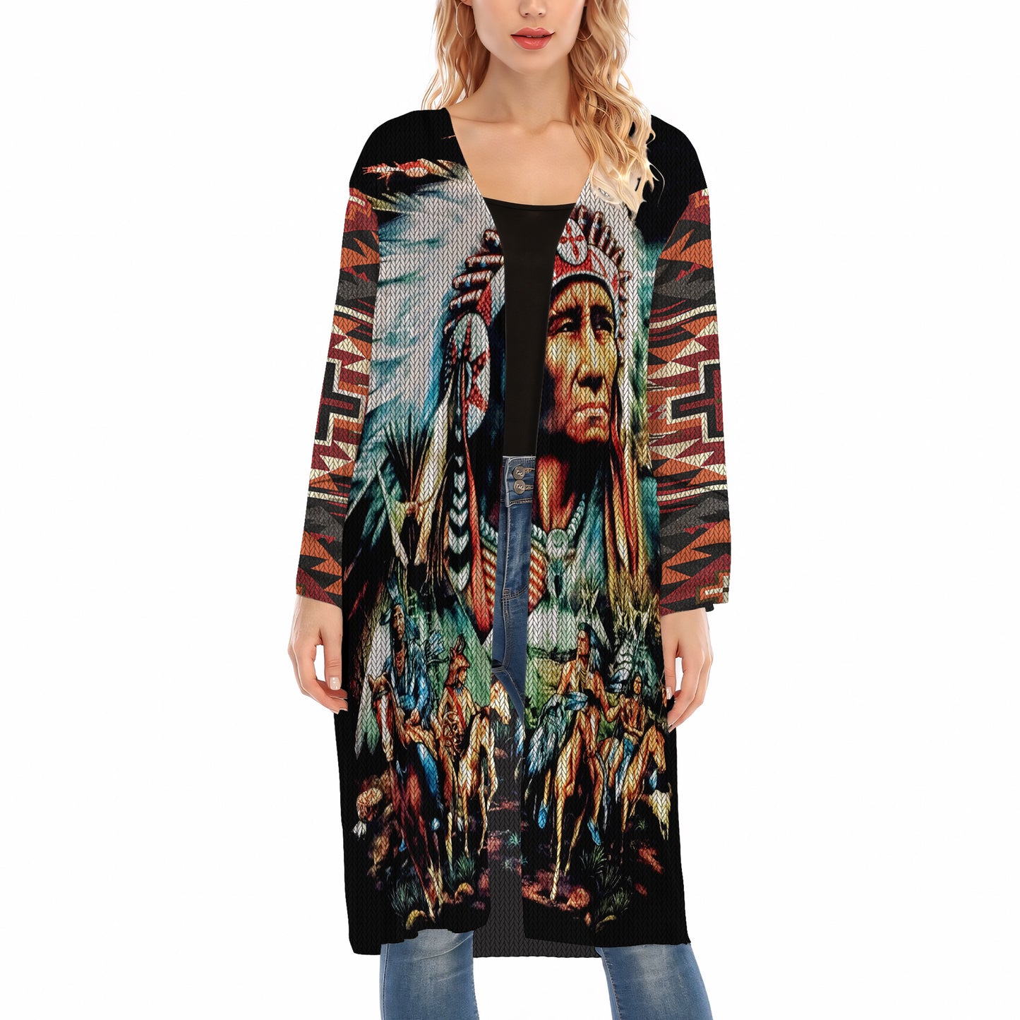 Native American Indian Chief Warrior with Tribal Horsemen Ugly Cardigan