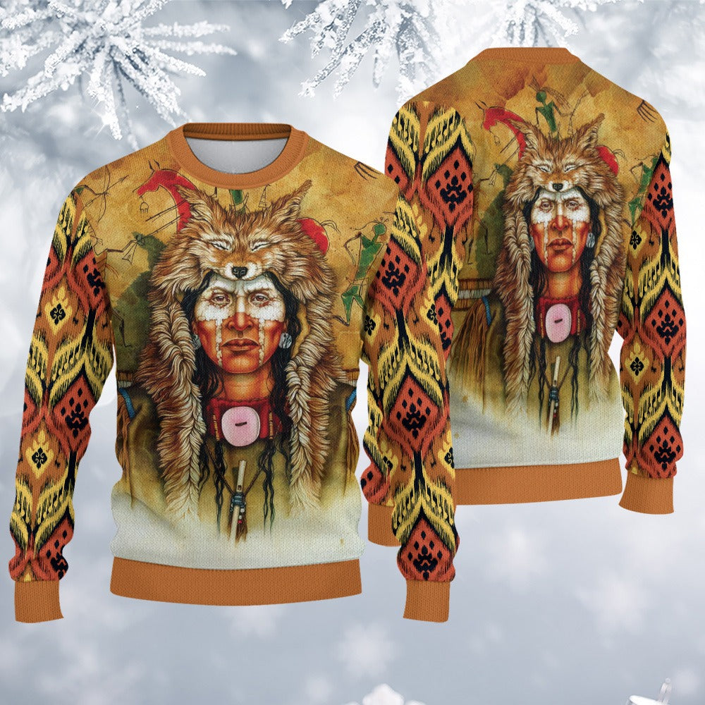 Native American Tribal Chief With Wolf Hat Ugly Sweatshirt