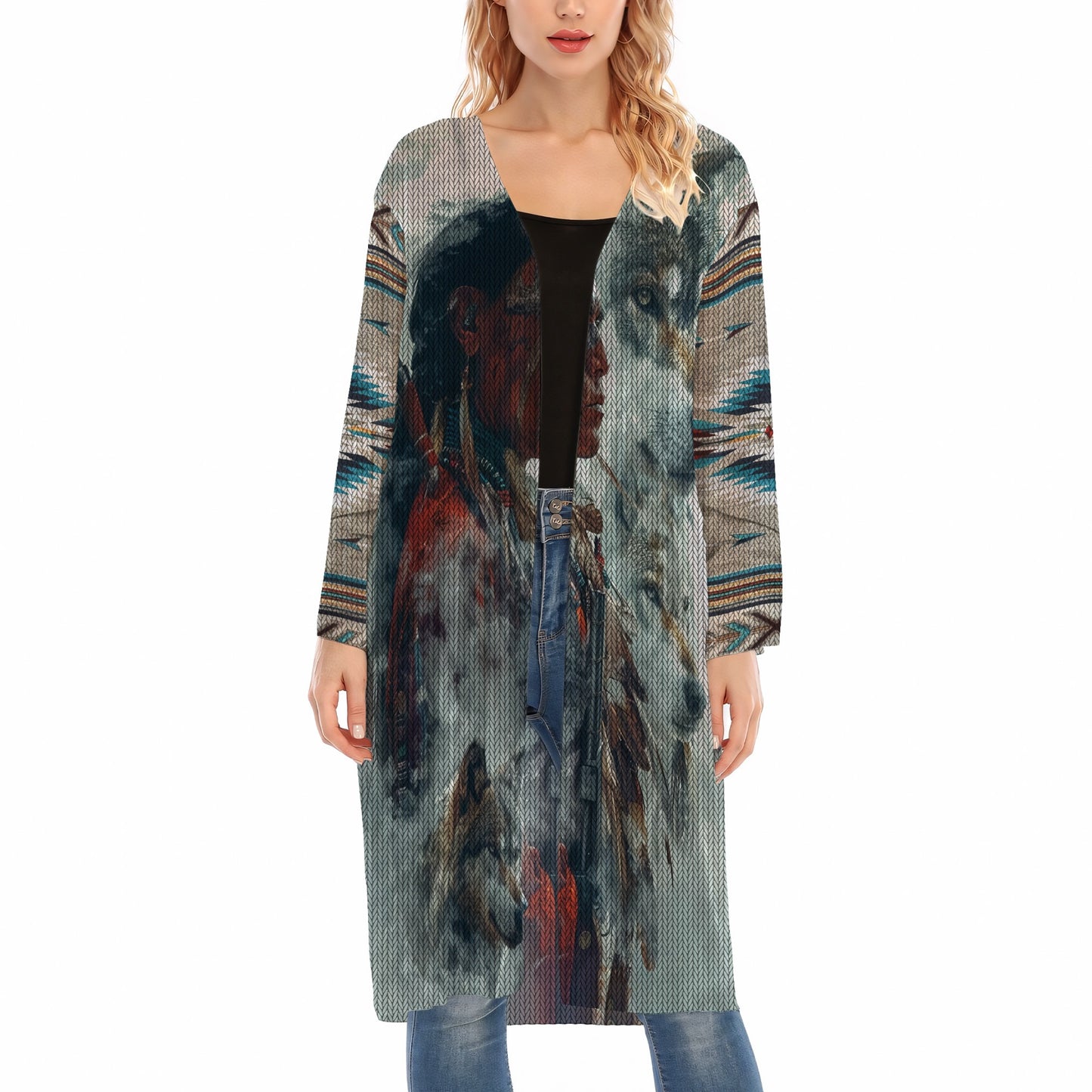 Native American Indian Chief With Wolf Spirit Ugly Cardigan