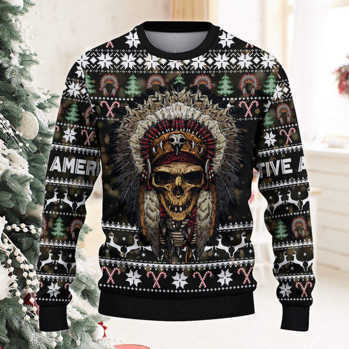 Native American Skull Headdress Ugly Sweatshirt