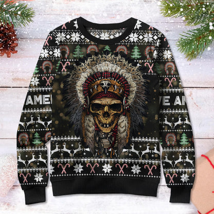 Native American Skull Headdress Ugly Sweatshirt