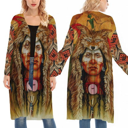 Native American Tribal Chief With Wolf Headdress Ugly Cardigan