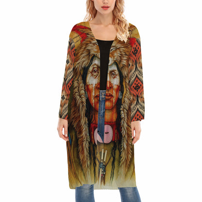 Native American Tribal Chief With Wolf Headdress Ugly Cardigan