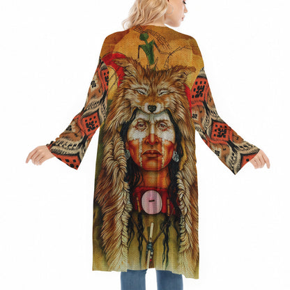 Native American Tribal Chief With Wolf Headdress Ugly Cardigan