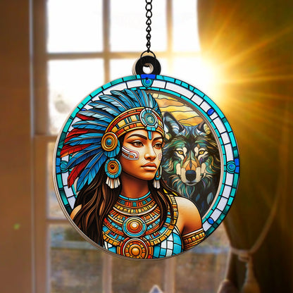 Native American Tribal Woman and Wolf Spirit Hanging Suncatcher Ornament