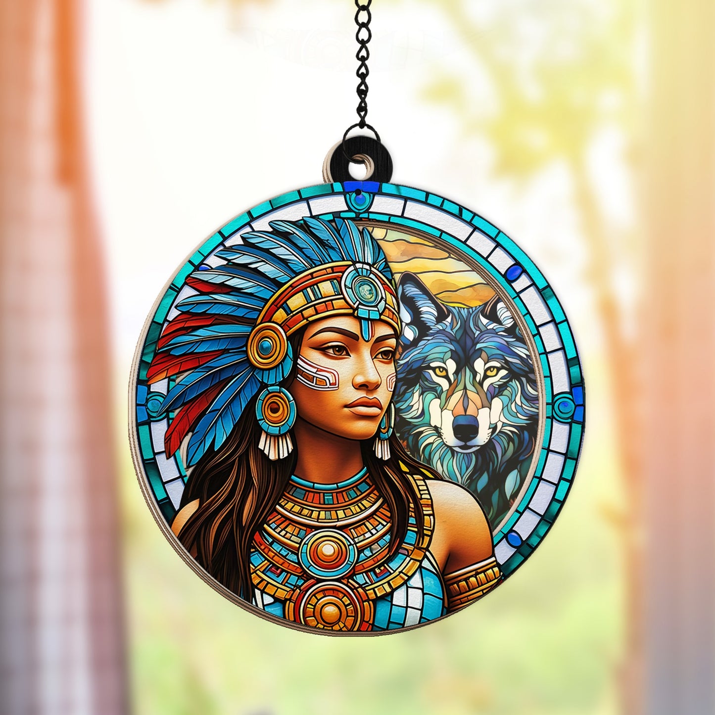 Native American Tribal Woman and Wolf Spirit Hanging Suncatcher Ornament