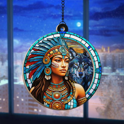 Native American Tribal Woman and Wolf Spirit Hanging Suncatcher Ornament