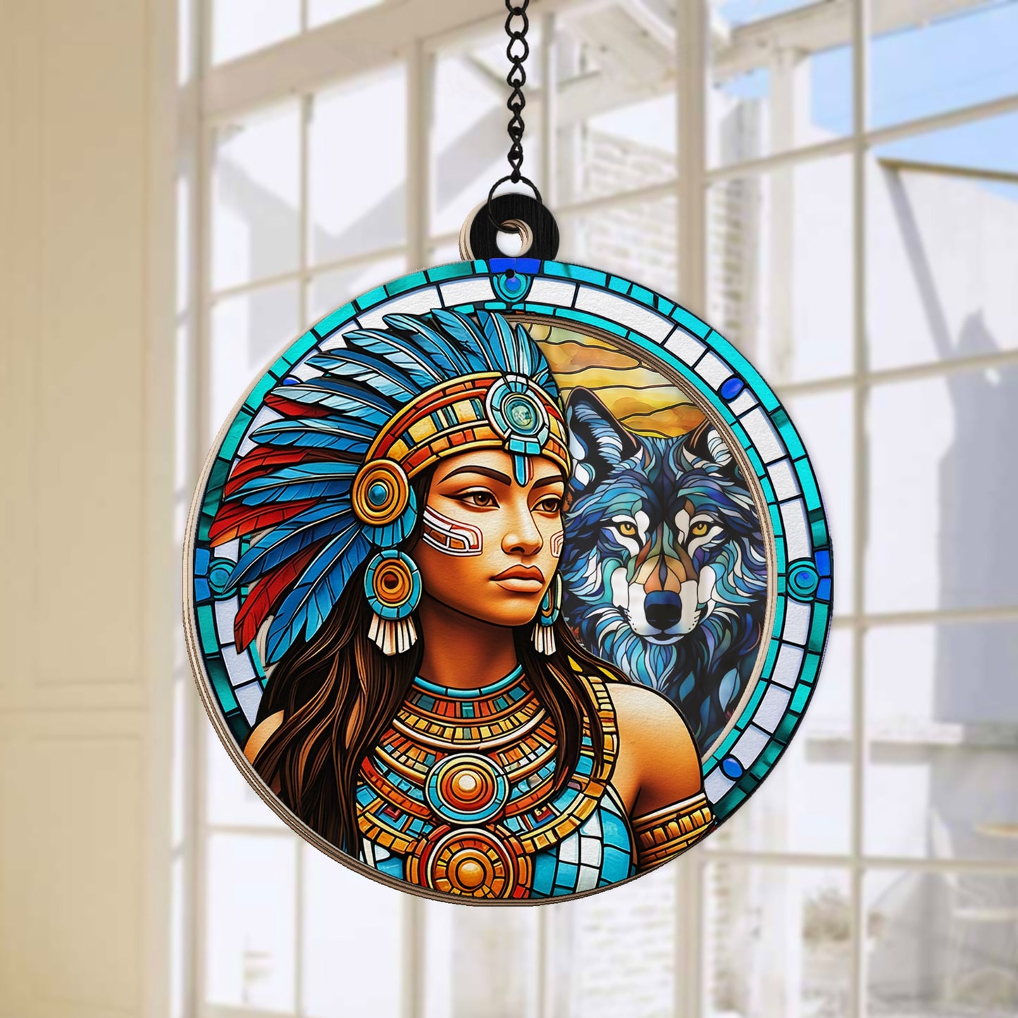Native American Tribal Woman and Wolf Spirit Hanging Suncatcher Ornament