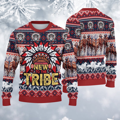 Native American Ugly Christmas Sweatshirt, New To The Tribal With Feather Headdress Ugly Sweatshirt