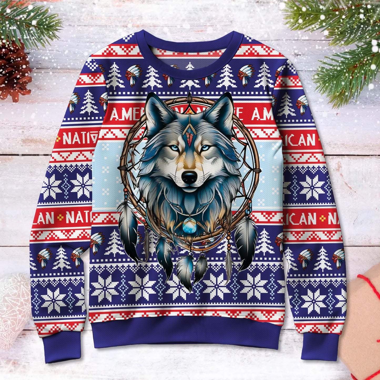 Native American Wolf Dream Catcher Ugly Sweatshirt