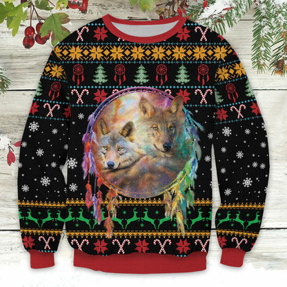 Native American Wolf With A Dreamcatcher Christmas Ugly Sweatshirt